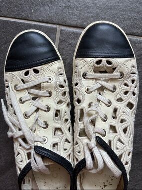 Rare CHANEL Cream Lace Cutout Sneakers with Black Toe Cap